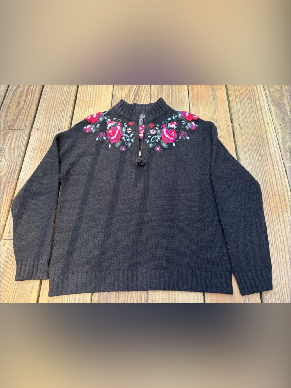 mercer & madison Black Half-Zip Sweater with Pink Floral Embroidery